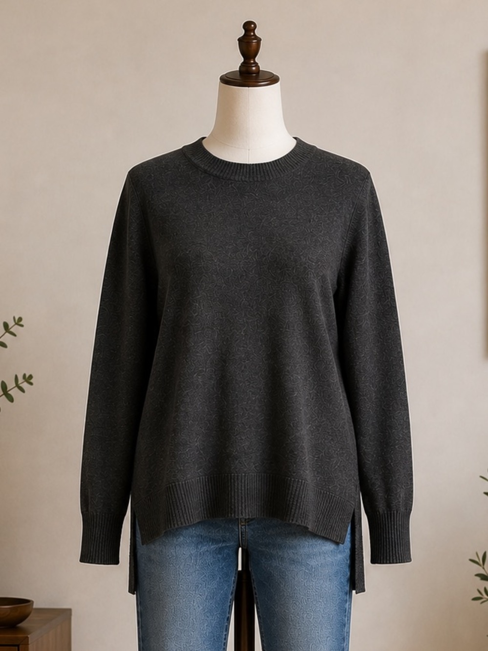 Merino Wool Charcoal Tunic Sweater Quiet Luxury Minimalist Badgley Mischka Large